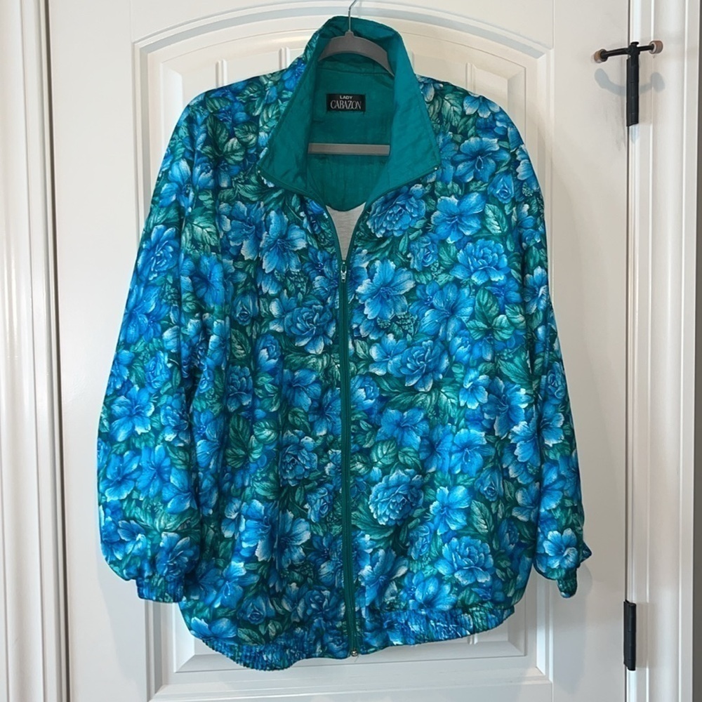 Tropical blue green floral vintage zip up windbreaker jacket est size XL